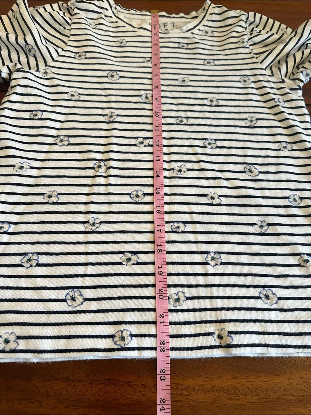 Loft Cottagecore Cotton Striped Puff-Sleeve Top with Floral Dots - Navy & White